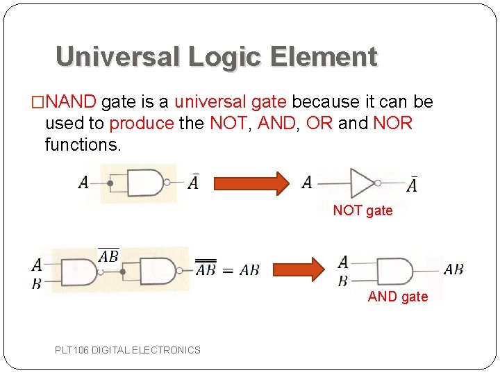 Universal Logic Element �NAND gate is a universal gate because it can be used