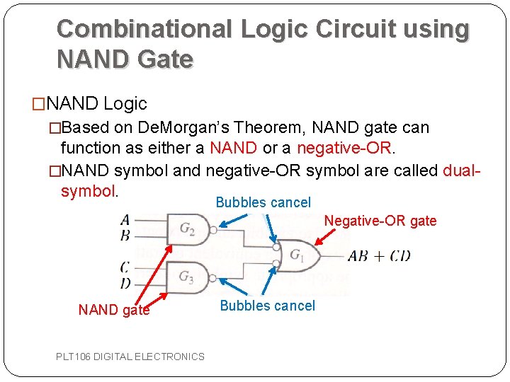 Combinational Logic Circuit using NAND Gate �NAND Logic �Based on De. Morgan’s Theorem, NAND