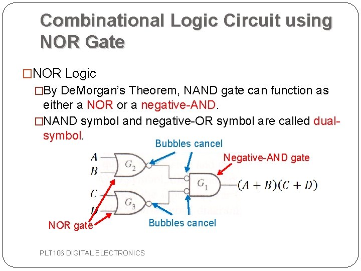 Combinational Logic Circuit using NOR Gate �NOR Logic �By De. Morgan’s Theorem, NAND gate