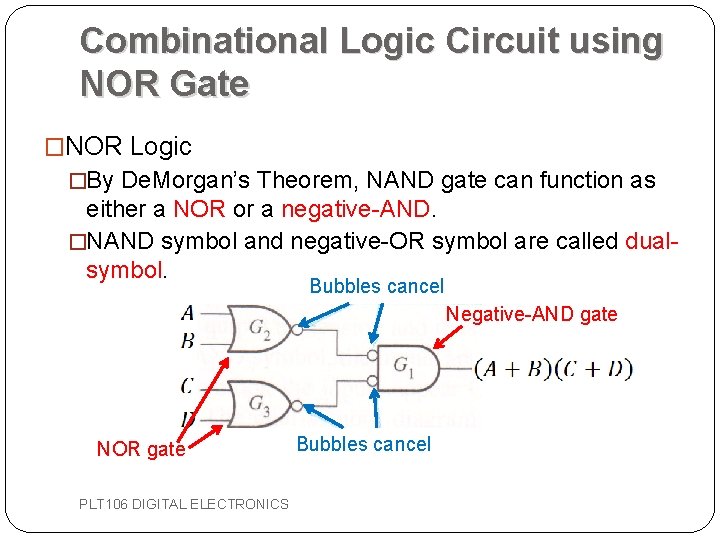 Combinational Logic Circuit using NOR Gate �NOR Logic �By De. Morgan’s Theorem, NAND gate Combinational Logic Circuit using NOR Gate �NOR Logic �By De. Morgan’s Theorem, NAND gate