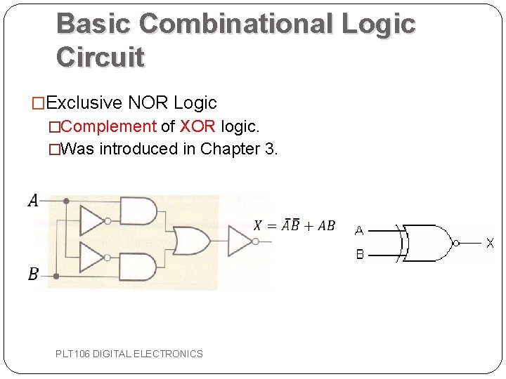 Basic Combinational Logic Circuit �Exclusive NOR Logic �Complement of XOR logic. �Was introduced in Basic Combinational Logic Circuit �Exclusive NOR Logic �Complement of XOR logic. �Was introduced in