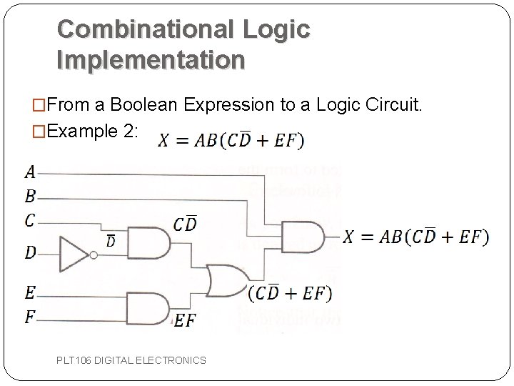 Combinational Logic Implementation �From a Boolean Expression to a Logic Circuit. �Example 2: PLT Combinational Logic Implementation �From a Boolean Expression to a Logic Circuit. �Example 2: PLT
