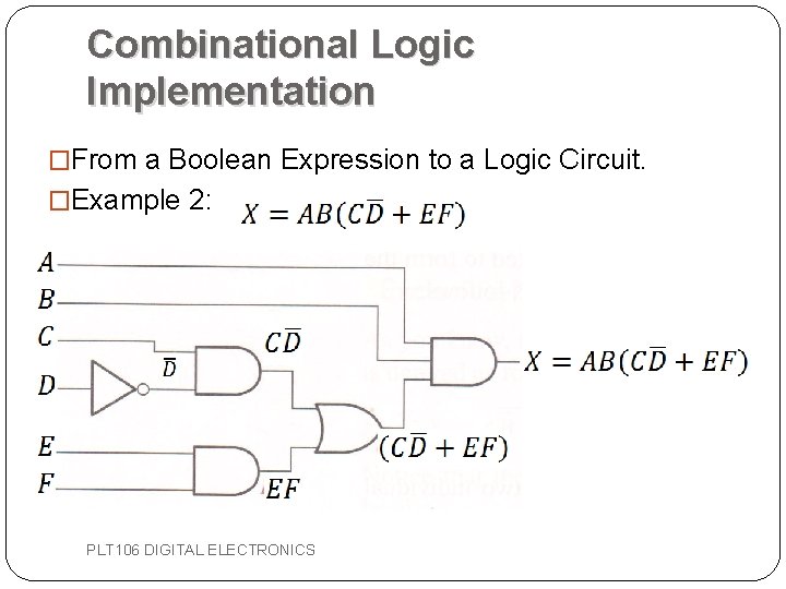 Combinational Logic Implementation �From a Boolean Expression to a Logic Circuit. �Example 2: PLT