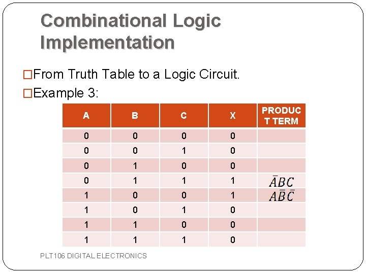 Combinational Logic Implementation �From Truth Table to a Logic Circuit. �Example 3: A B Combinational Logic Implementation �From Truth Table to a Logic Circuit. �Example 3: A B