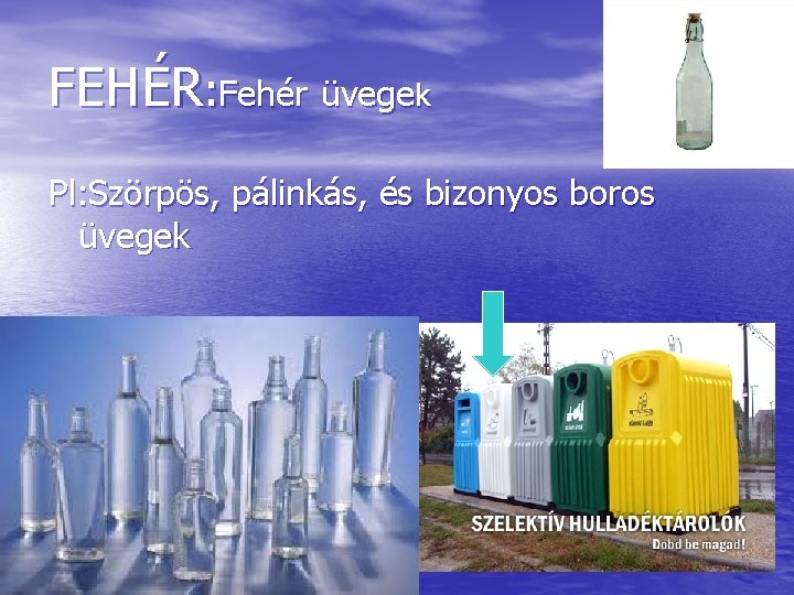 FEHÉR: Fehér üvegek Pl: Szörpös, pálinkás, és bizonyos boros üvegek 