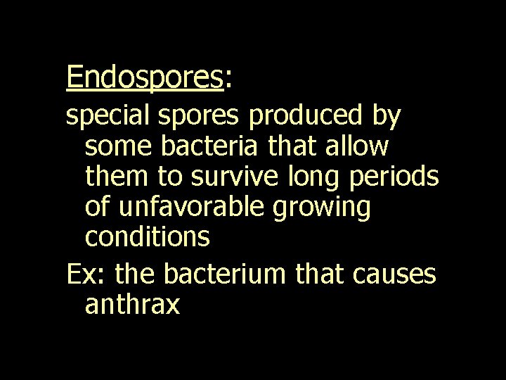 Endospores: special spores produced by some bacteria that allow them to survive long periods