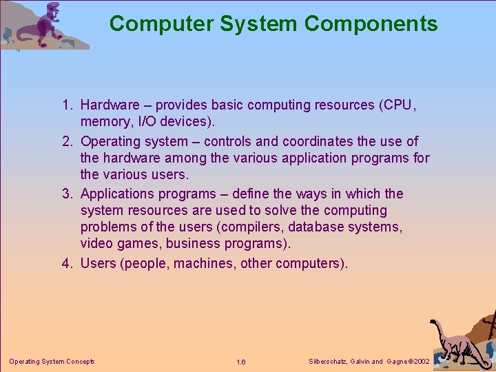 Computer System Components 1. Hardware – provides basic computing resources (CPU, memory, I/O devices).