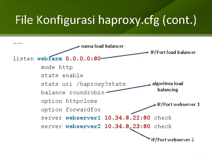 File Konfigurasi haproxy. cfg (cont. ) ……. nama load balancer IP/Port load balancer listen