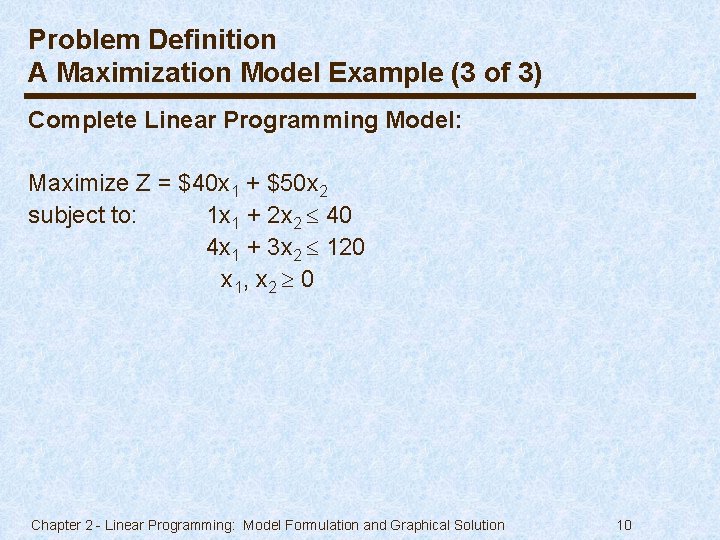 Problem Definition A Maximization Model Example (3 of 3) Complete Linear Programming Model: Maximize