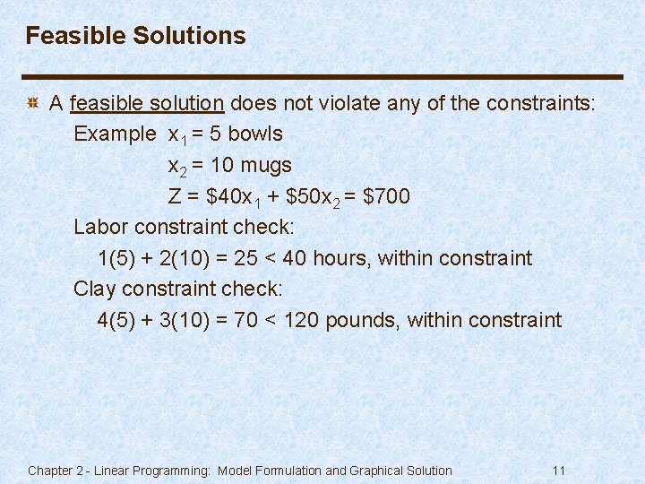 Feasible Solutions A feasible solution does not violate any of the constraints: Example x