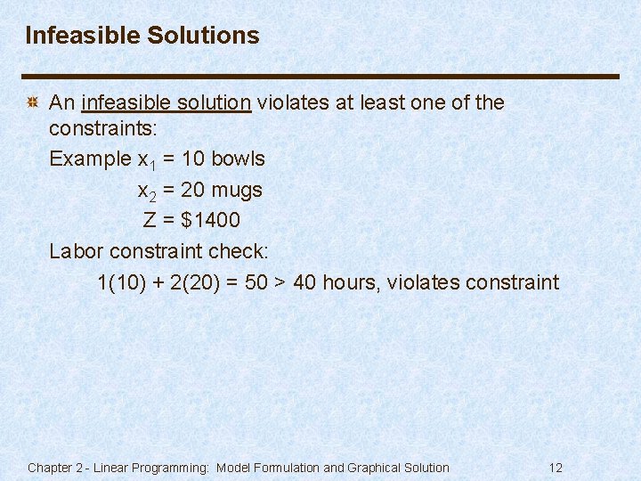 Infeasible Solutions An infeasible solution violates at least one of the constraints: Example x