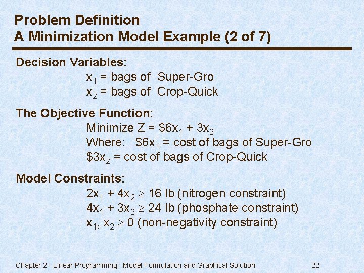 Problem Definition A Minimization Model Example (2 of 7) Decision Variables: x 1 =