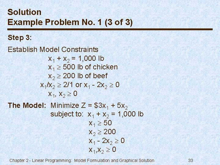 Solution Example Problem No. 1 (3 of 3) Step 3: Establish Model Constraints x