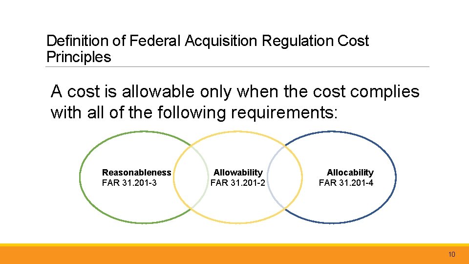 Definition of Federal Acquisition Regulation Cost Principles A cost is allowable only when the
