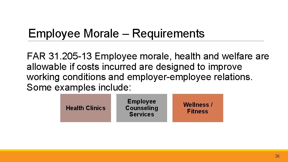Employee Morale – Requirements FAR 31. 205 -13 Employee morale, health and welfare allowable