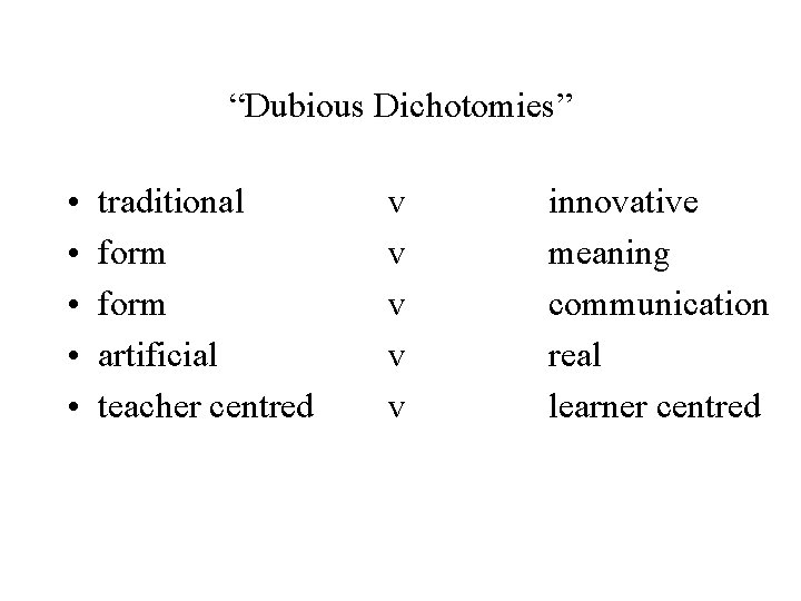 “Dubious Dichotomies” • • • traditional form artificial teacher centred v v v innovative