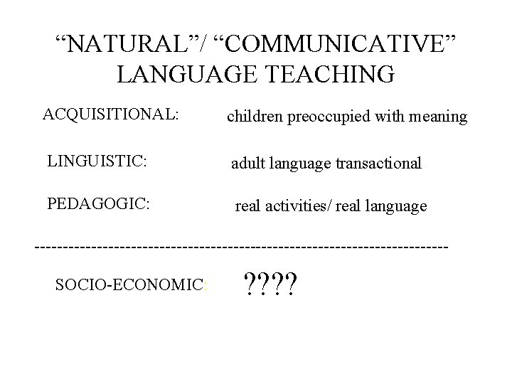“NATURAL”/ “COMMUNICATIVE” LANGUAGE TEACHING ACQUISITIONAL: children preoccupied with meaning LINGUISTIC: adult language transactional PEDAGOGIC: