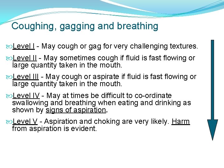 Coughing, gagging and breathing Level I - May cough or gag for very challenging Coughing, gagging and breathing Level I - May cough or gag for very challenging