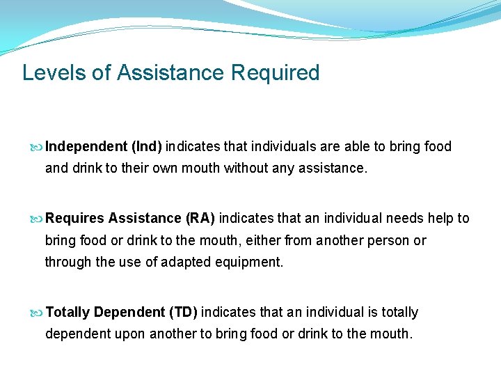 Levels of Assistance Required Independent (Ind) indicates that individuals are able to bring food Levels of Assistance Required Independent (Ind) indicates that individuals are able to bring food