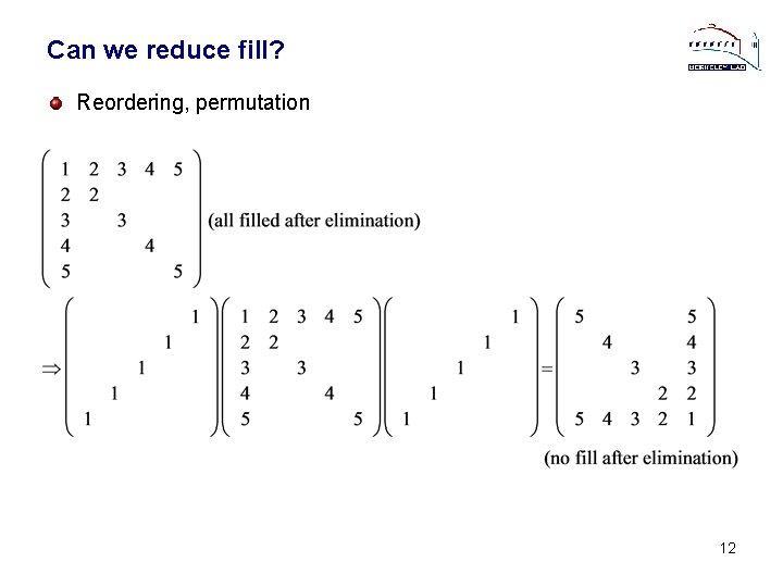 Can we reduce fill? Reordering, permutation 12 
