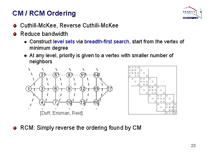 CM / RCM Ordering Cuthill-Mc. Kee, Reverse Cuthill-Mc. Kee Reduce bandwidth Construct level sets