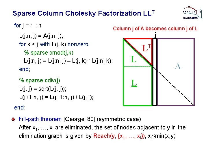 Sparse Column Cholesky Factorization LLT for j = 1 : n L(j: n, j)