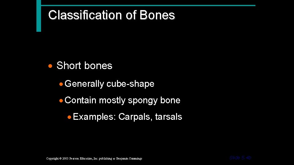 Classification of Bones · Short bones · Generally cube-shape · Contain mostly spongy bone