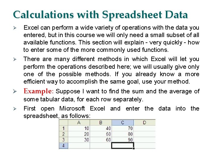 Calculations with Spreadsheet Data Ø Ø Excel can perform a wide variety of operations