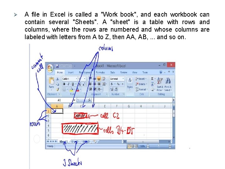Ø A file in Excel is called a "Work book", and each workbook can