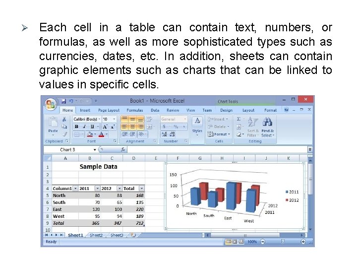 Ø Each cell in a table can contain text, numbers, or formulas, as well