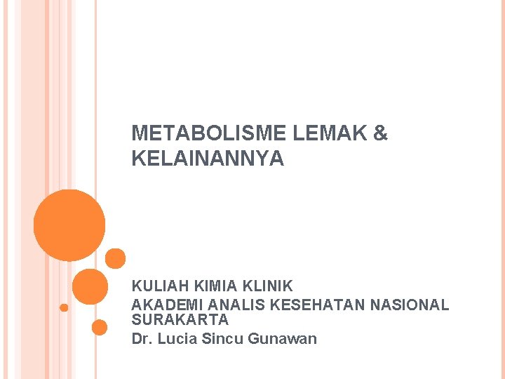 METABOLISME LEMAK & KELAINANNYA KULIAH KIMIA KLINIK AKADEMI ANALIS KESEHATAN NASIONAL SURAKARTA Dr. Lucia