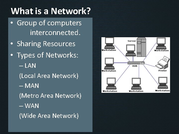 What is a Network? • Group of computers interconnected. • Sharing Resources • Types