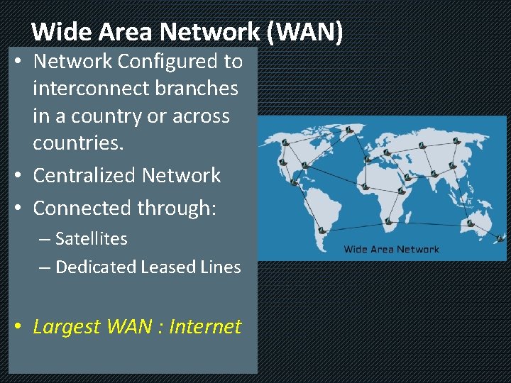 Wide Area Network (WAN) • Network Configured to interconnect branches in a country or