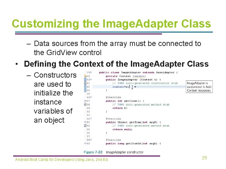 Customizing the Image. Adapter Class – Data sources from the array must be connected