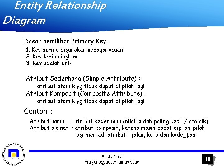 Entity Relationship Diagram Dasar pemilihan Primary Key : 1. Key sering digunakan sebagai acuan