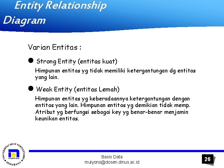 Entity Relationship Diagram Varian Entitas : n Strong Entity (entitas kuat) Himpunan entitas yg