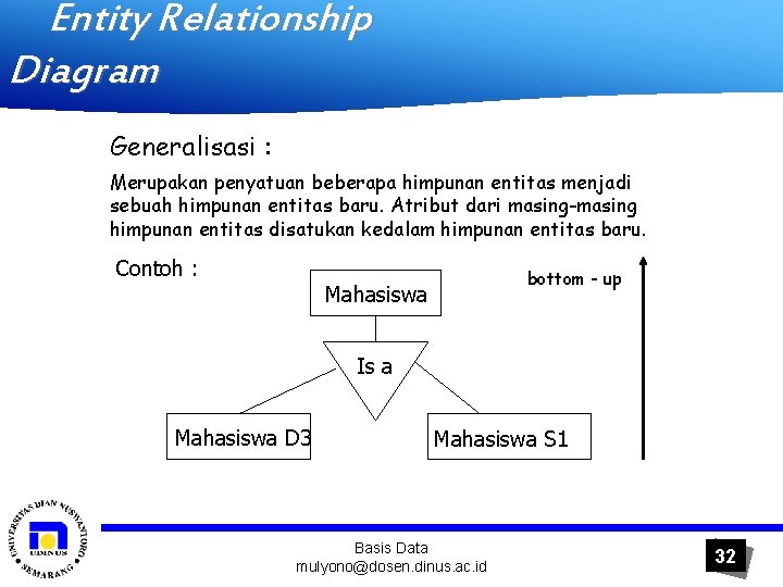 Entity Relationship Diagram Generalisasi : Merupakan penyatuan beberapa himpunan entitas menjadi sebuah himpunan entitas