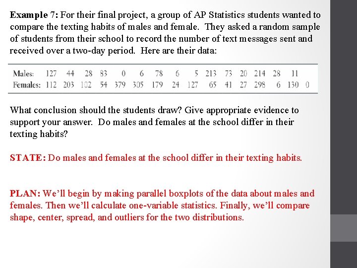 Example 7: For their final project, a group of AP Statistics students wanted to