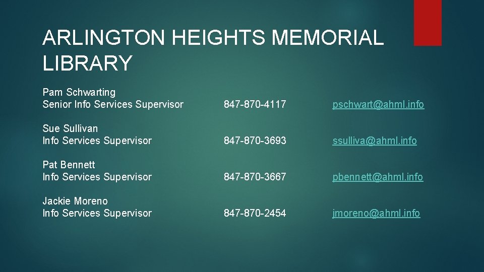 ARLINGTON HEIGHTS MEMORIAL LIBRARY Pam Schwarting Senior Info Services Supervisor 847 -870 -4117 pschwart@ahml.