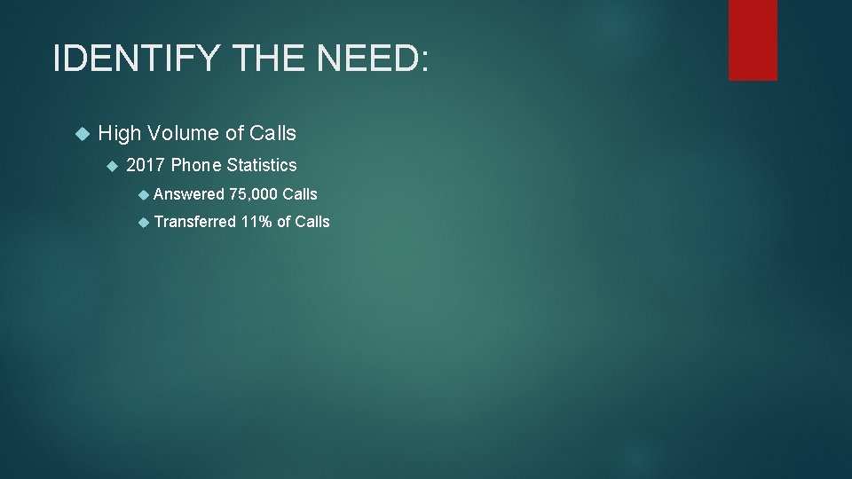 IDENTIFY THE NEED: High Volume of Calls 2017 Phone Statistics Answered 75, 000 Calls