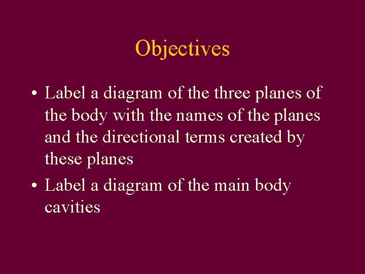 Objectives • Label a diagram of the three planes of the body with the
