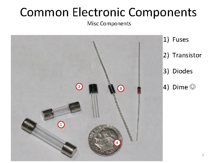 Common Electronic Components Misc Components 1) Fuses 2) Transistor 3) Diodes 2 3 4) Common Electronic Components Misc Components 1) Fuses 2) Transistor 3) Diodes 2 3 4)