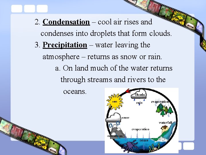 2. Condensation – cool air rises and condenses into droplets that form clouds. 3.