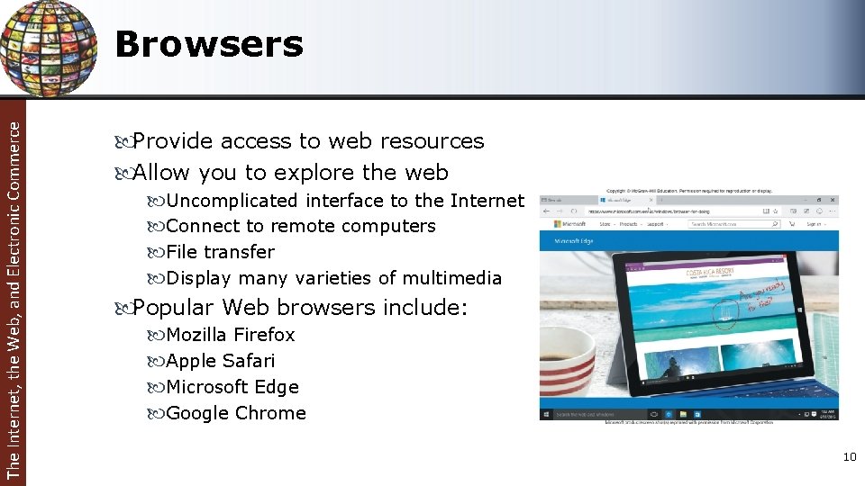 The Internet, the Web, and Electronic Commerce Browsers Provide access to web resources Allow