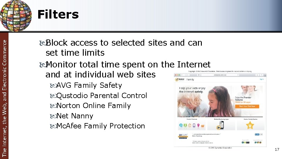 The Internet, the Web, and Electronic Commerce Filters Block access to selected sites and