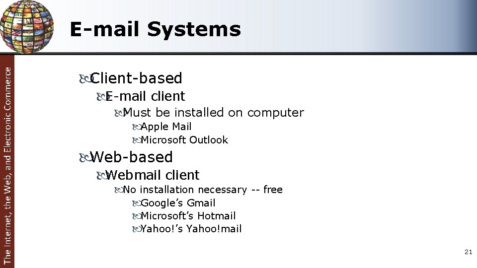 The Internet, the Web, and Electronic Commerce E-mail Systems Client-based E-mail client Must be