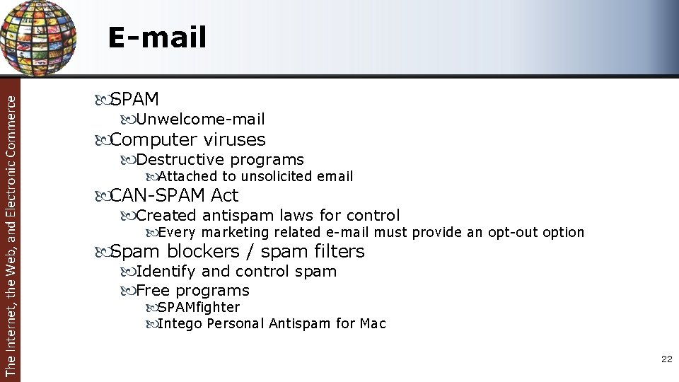 The Internet, the Web, and Electronic Commerce E-mail SPAM Unwelcome-mail Computer viruses Destructive programs