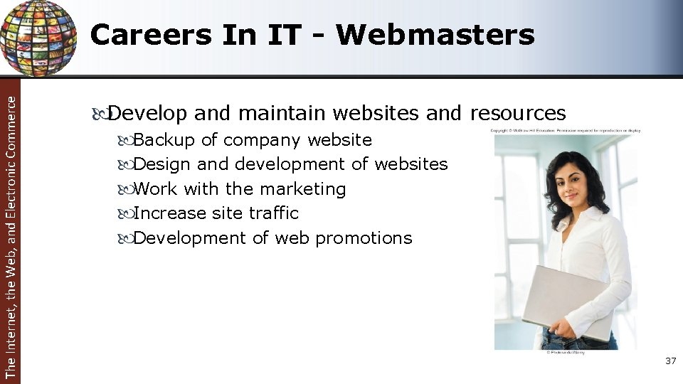 The Internet, the Web, and Electronic Commerce Careers In IT - Webmasters Develop and