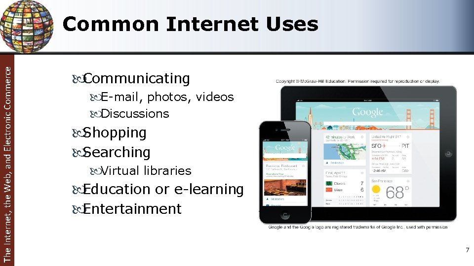 The Internet, the Web, and Electronic Commerce Common Internet Uses Communicating E-mail, photos, videos