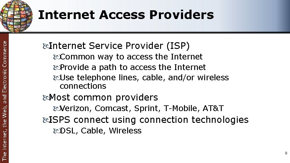 The Internet, the Web, and Electronic Commerce Internet Access Providers Internet Service Provider (ISP)